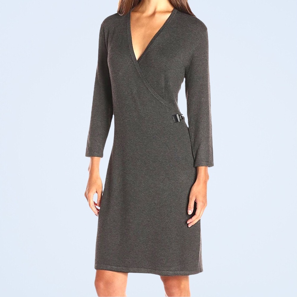 CALVIN KLEIN Faux Wrap Sweater Dress w/ Buckle in Charcoal Gray